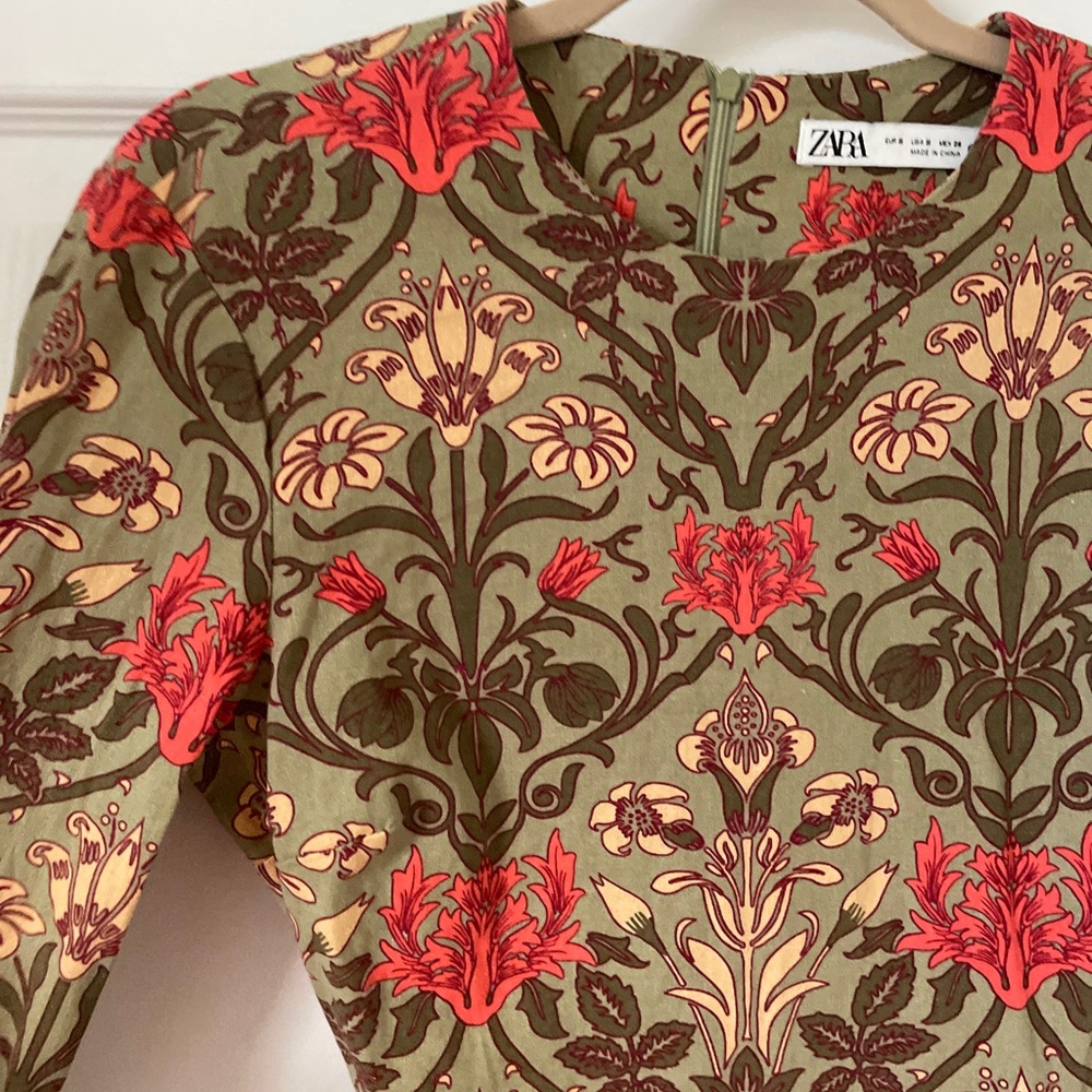 Zara Printed Floral Dress with Belt Linen Blend Size S New W/O Tags - Picture 7 of 7